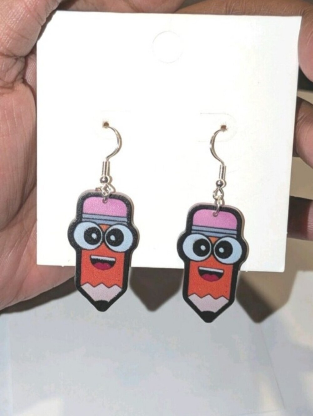 Kids Pink and Orange Pencil Character Dangle Earrings